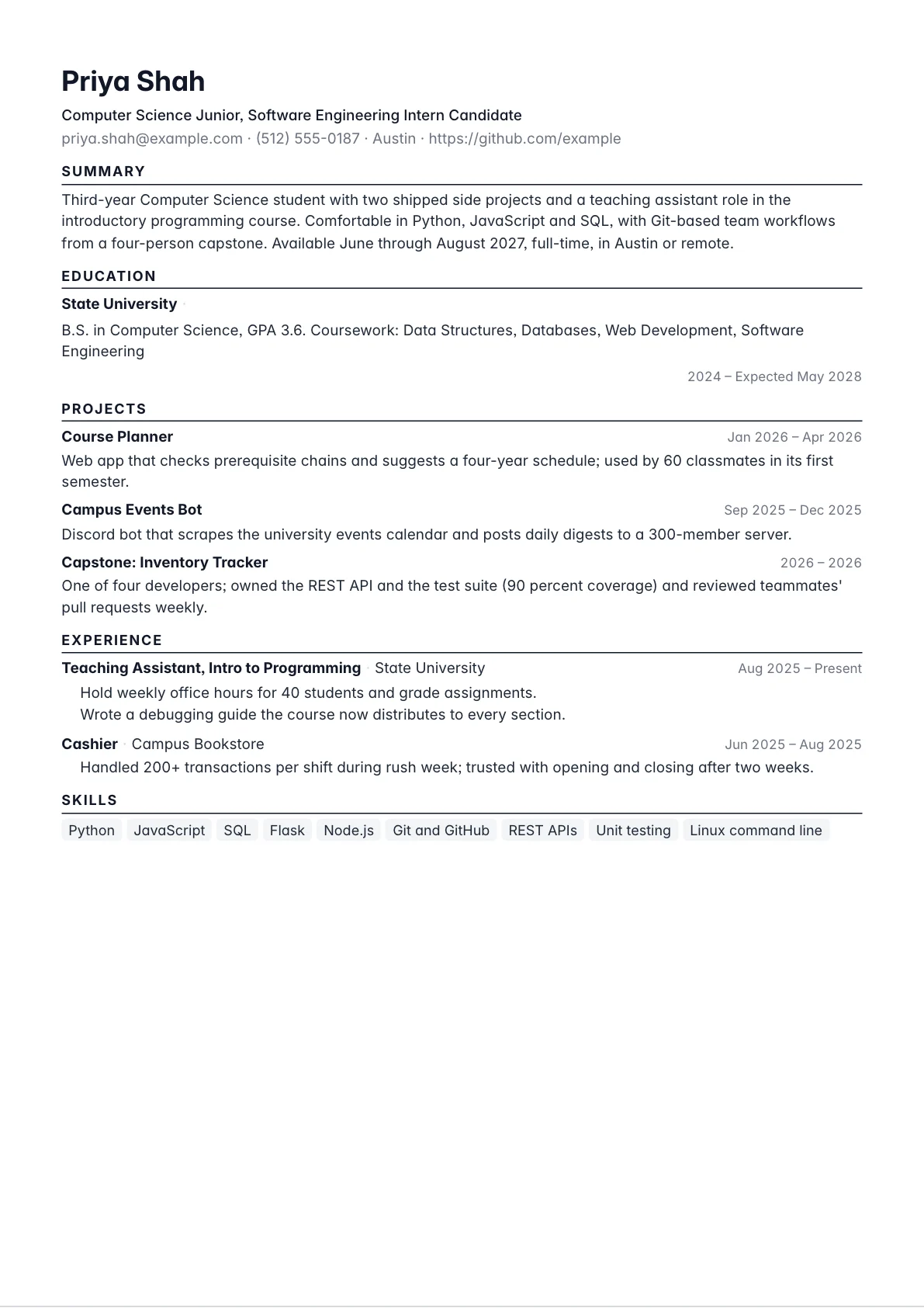 Internship resume example