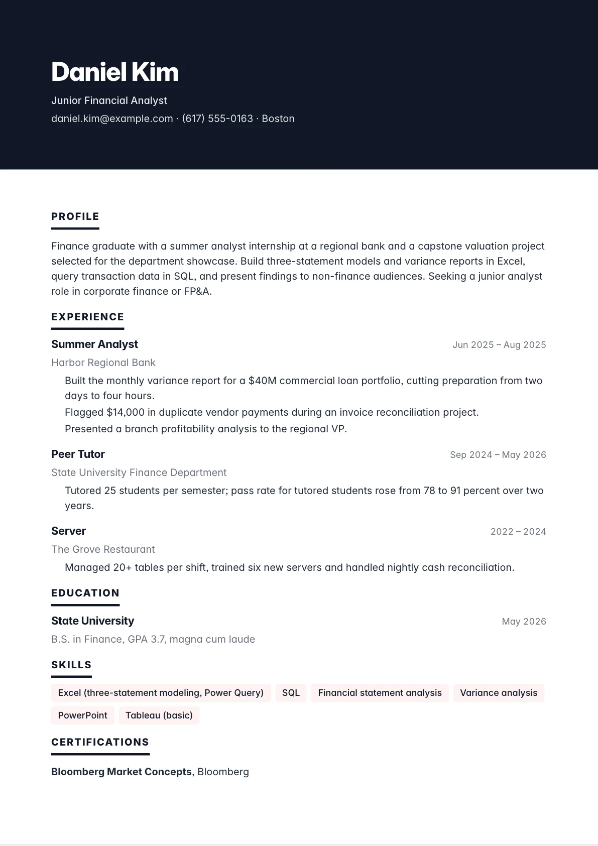 Recent graduate resume example